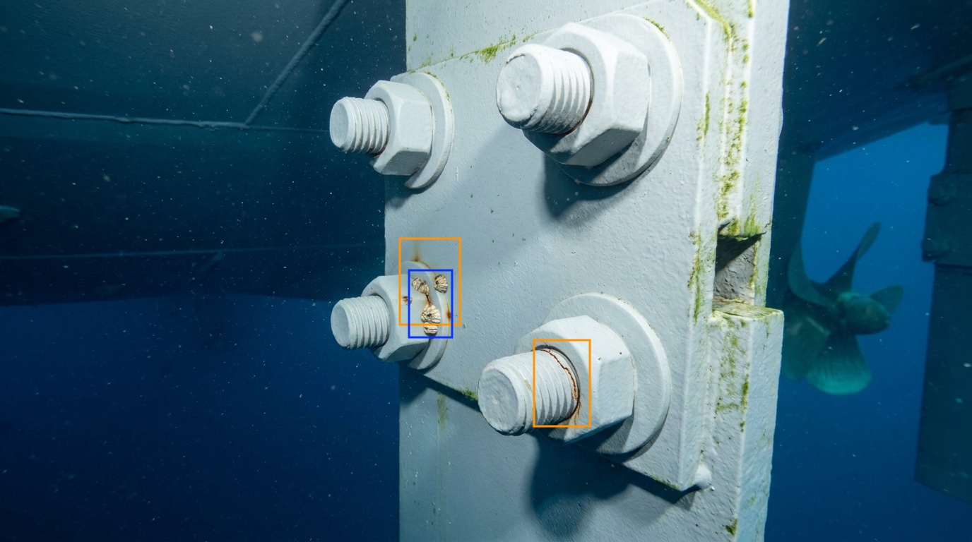 ROV 巡回で得られたフレーム。ブラケット B-17 上に表面腐食と生物付着が同位置で観測されている